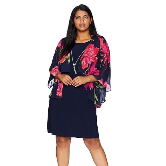 Tiana B Women's Printed Floral Chiffon Mock Overlay Kimono Dress w/Necklace - Picture 10 of 14